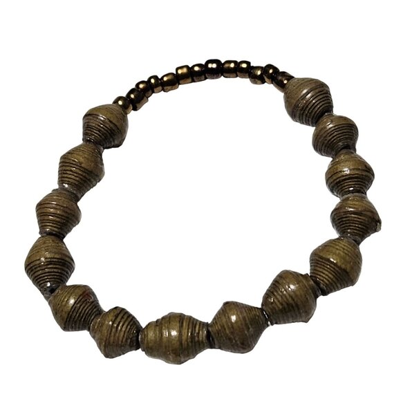 Boho Handmade Recycled Bracelet Brown Paper Bead Stretch Sustainable Jewelry - Picture 1 of 3